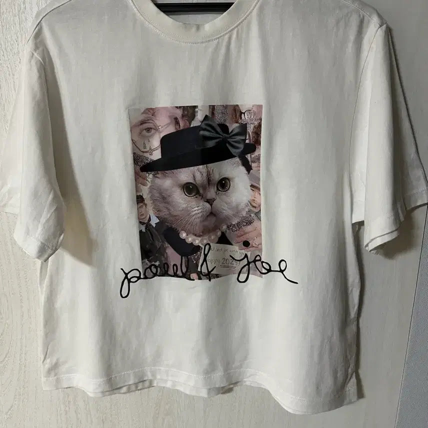[BUNJANG] White Cat Printing Short Sleeve T-Shirt / 화이트 고양이 프린팅 반팔 티셔츠(새상품)