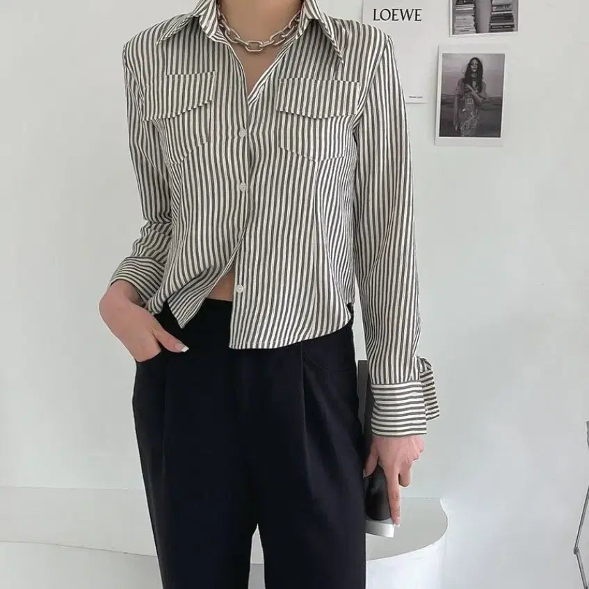 [BUNJANG] Stripe Cropped Blouse Shirt / 스트라이프 줄무늬 크롭 셔츠 블라우스
