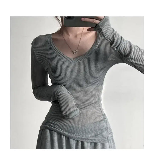 [BUNJANG] Ribbed V-Neck Long Sleeve T-Shirt (Gray) / 골지 브이넥 긴팔티 (그레이) 교신가능