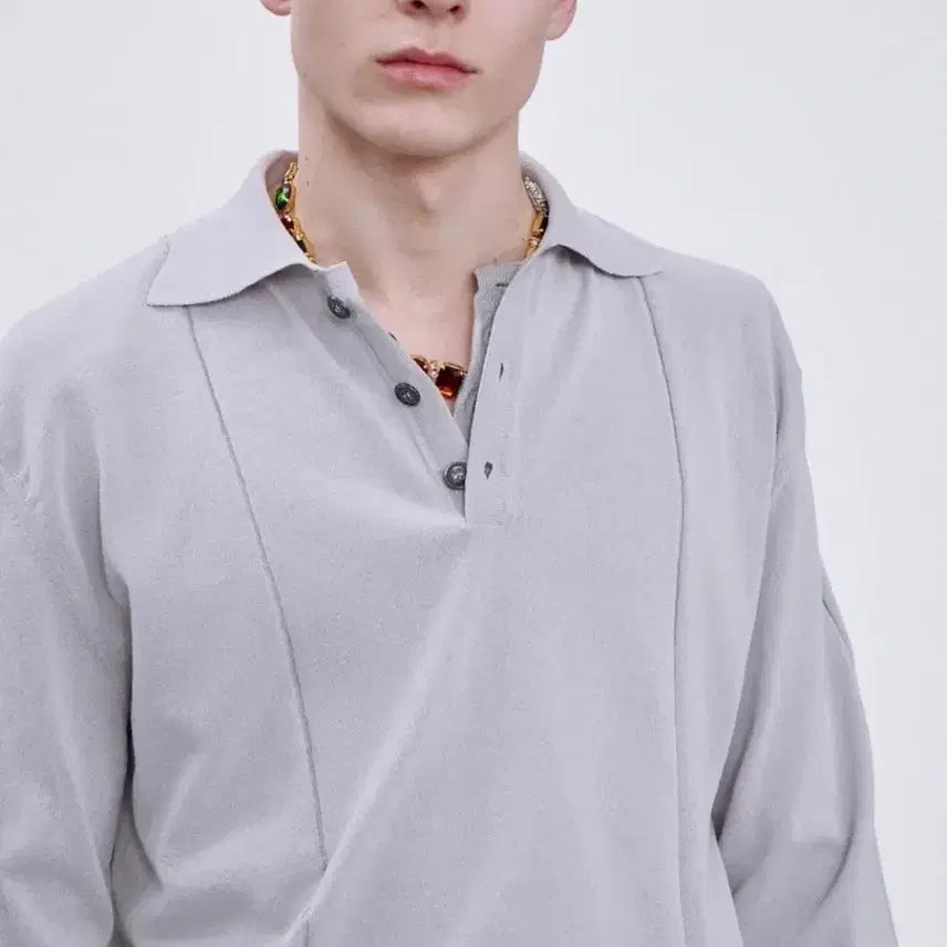 [BUNJANG] RECTO RC Logo Sheer Polo Knit Light Grey M / 렉토 RC로고 시어 폴로니트 라이트그레이 M