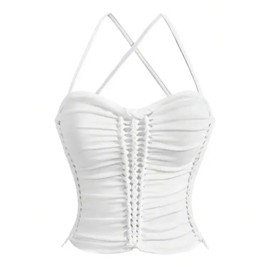 [BUNJANG] Vintage Drawstring Hollow White Shirring Strap Tank Top / 빈티지 드로스토링 홀로우 화이트 셔링 끈 나시