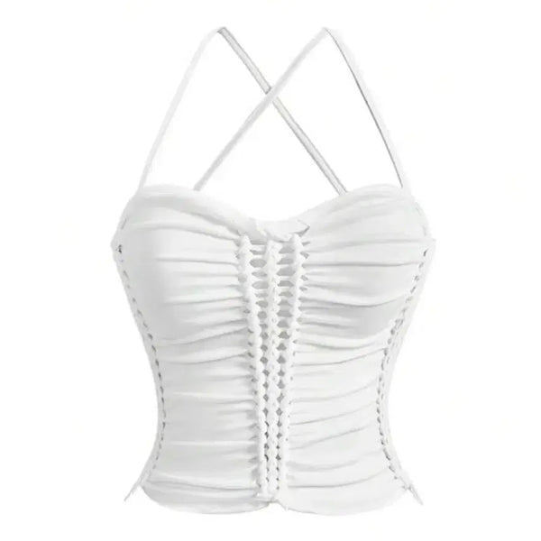 [BUNJANG] Vintage Drawstring Hollow White Shirring Strap Tank Top / 빈티지 드로스토링 홀로우 화이트 셔링 끈 나시