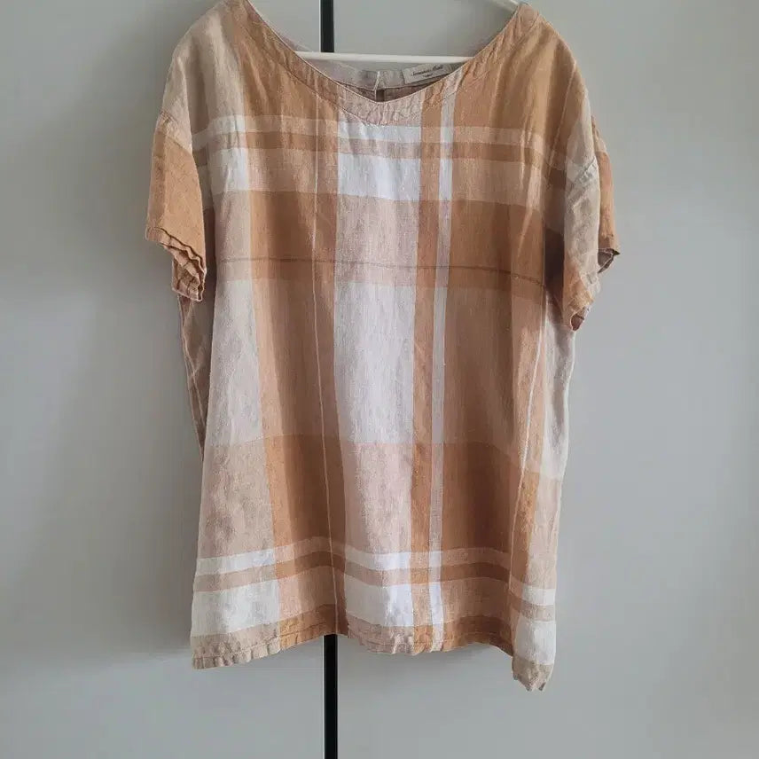 [BUNJANG] Check Linen Short-Sleeve Blouse / 체크 린넨 블라우스(프리)