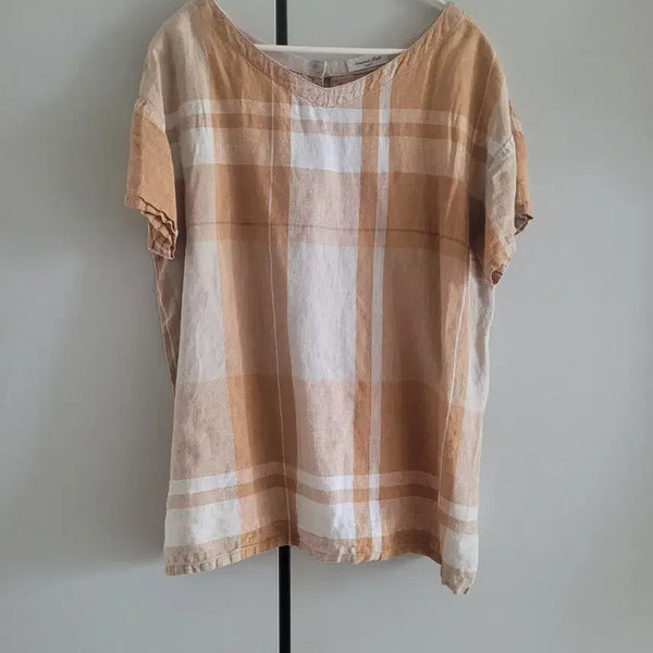 [BUNJANG] Check Linen Short-Sleeve Blouse / 체크 린넨 블라우스(프리)