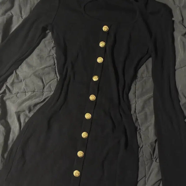 [BUNJANG] Black Mini Dress with Gold Button Detail / 블랙 미니 원피스