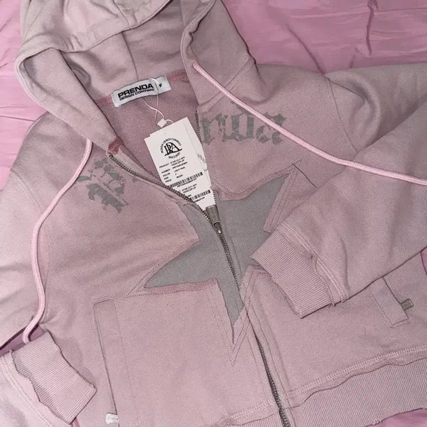 [BUNJANG] Frenuda Cut-Out Star Hoodie Zip-Up Pink Crop / 프렌다 컷 아웃 스타 후드집업 핑크 크롭