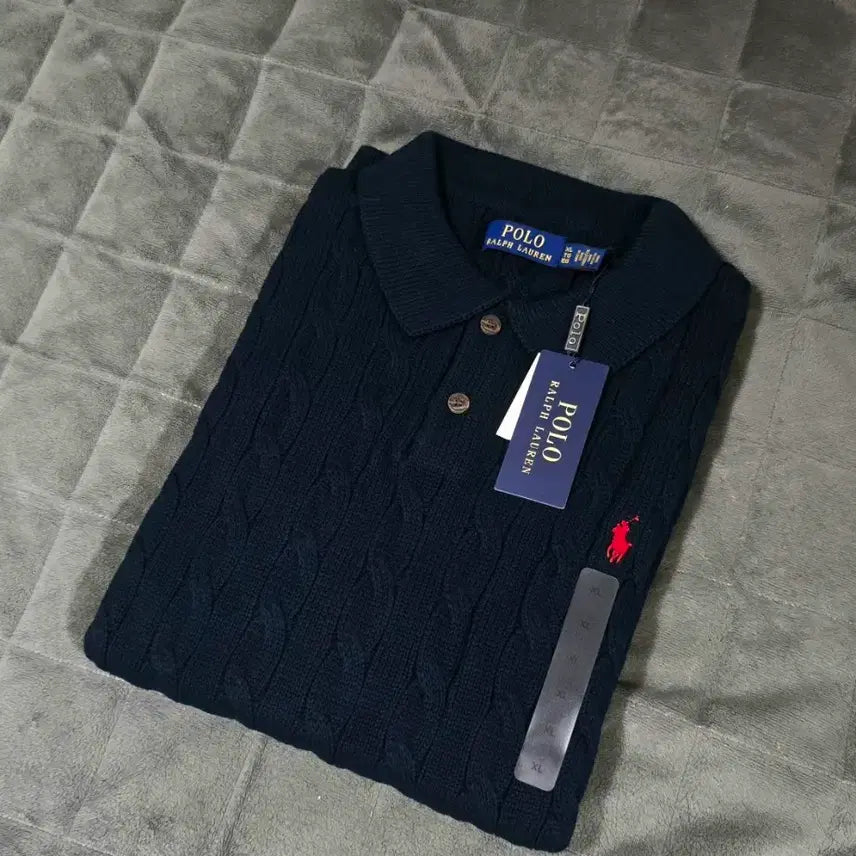 [BUNJANG] Polo Ralph Lauren Cable Knit Short Sleeve Polo Shirt Navy XL / 폴로 랄프로렌 케이블 반팔 카라티 티셔츠 XL 네이비