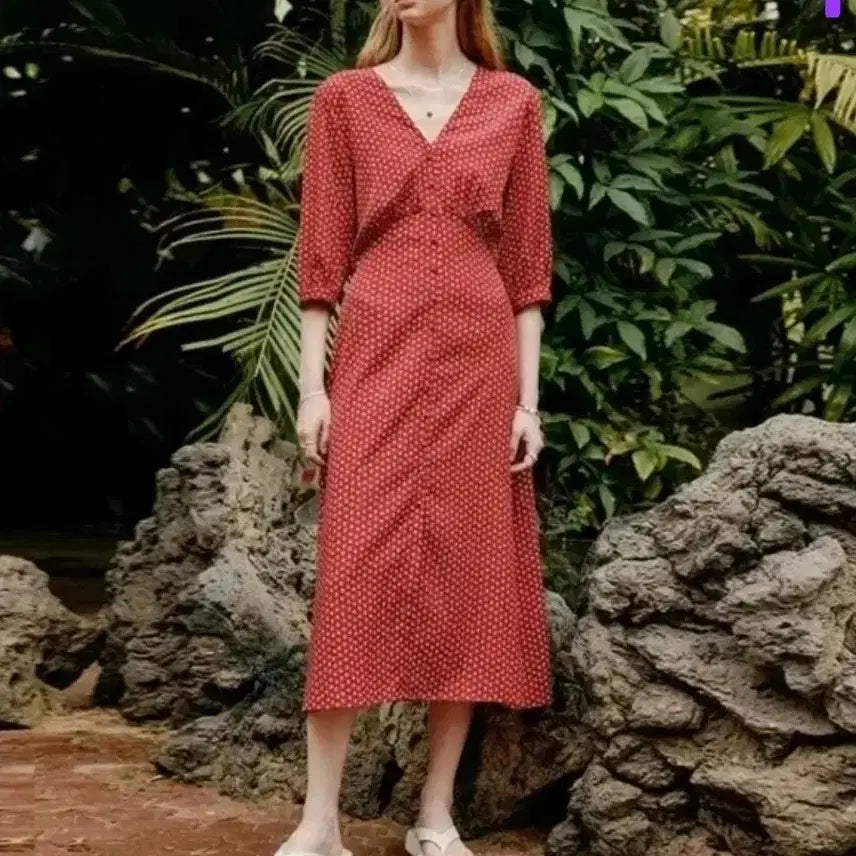 [BUNJANG] Lookast Red Floral Pattern Long Dress (One Size) / 룩캐스트 레드 꽃무늬 패턴 롱 원피스 (ONE SIZE)