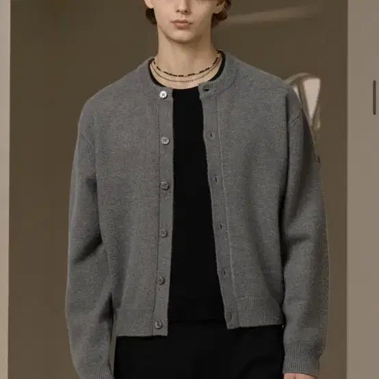 [BUNJANG] Round Neck Crop Knit Cardigan Charcoal / 라운드넥 크롭 니트 가디건 차콜