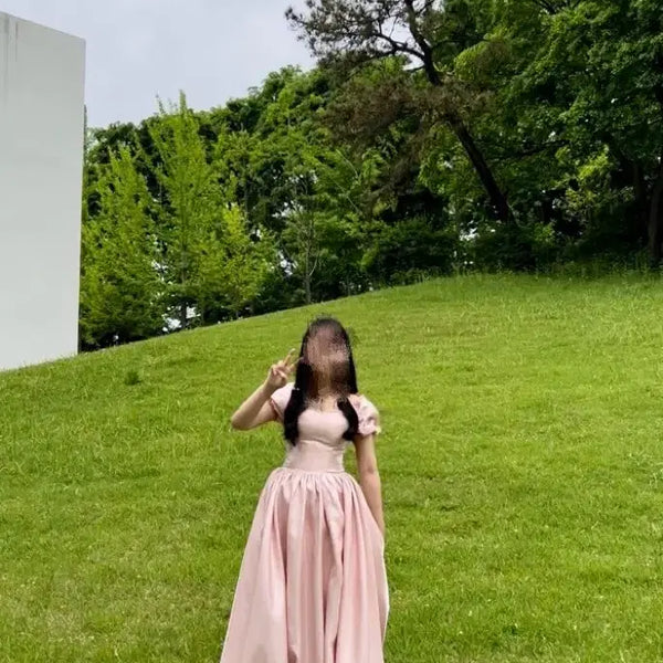 [BUNJANG] Apricot Pink Organza Off-Shoulder Puff Sleeve Dress / 드레스