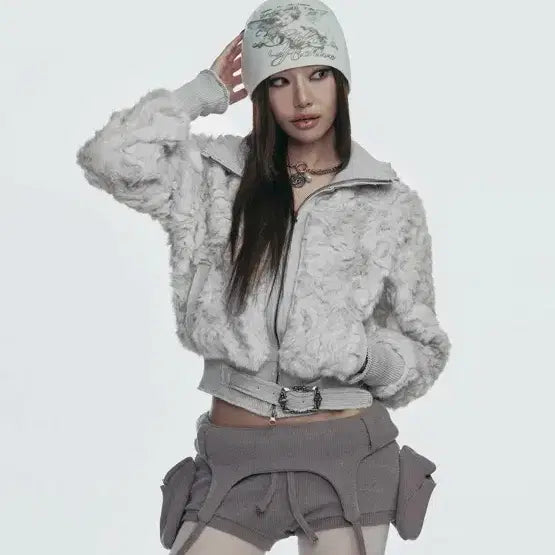 [BUNJANG] GILLIA ARCHIVE Faux Fur Belt Zip Jacket Grey / 길라아카이브 퍼자켓 그레이