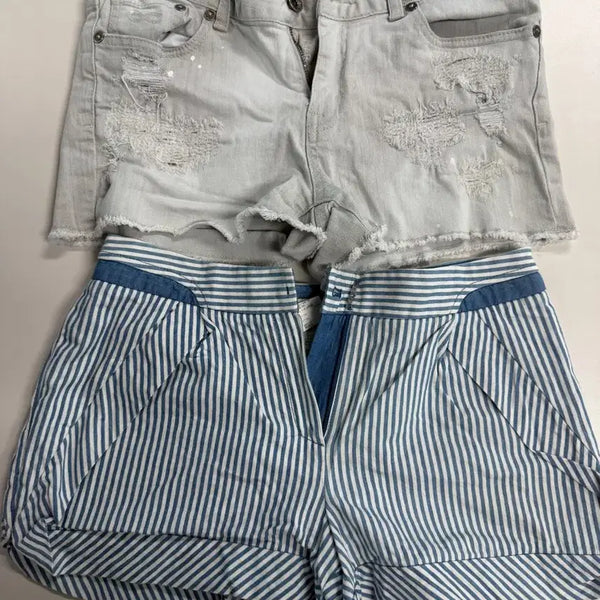 [BUNJANG] Denim Shorts 2 Types (Light Blue Distressed / Blue Stripe) / 데님 반바지 2종 (연청 디스트로이드 / 블루 스트라이프)