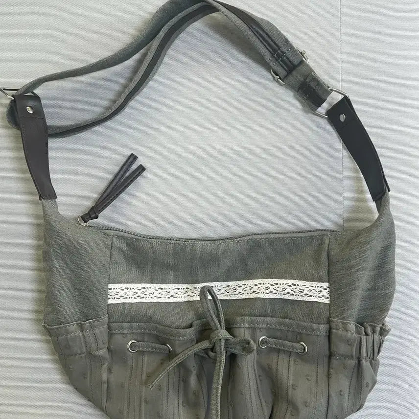 [BUNJANG] Vintage Mori Girl Shoulder Bag Khaki Lace Crossbody Bag / 빈티지 모리걸 숄더백 가방 카키 레이스 크로스백