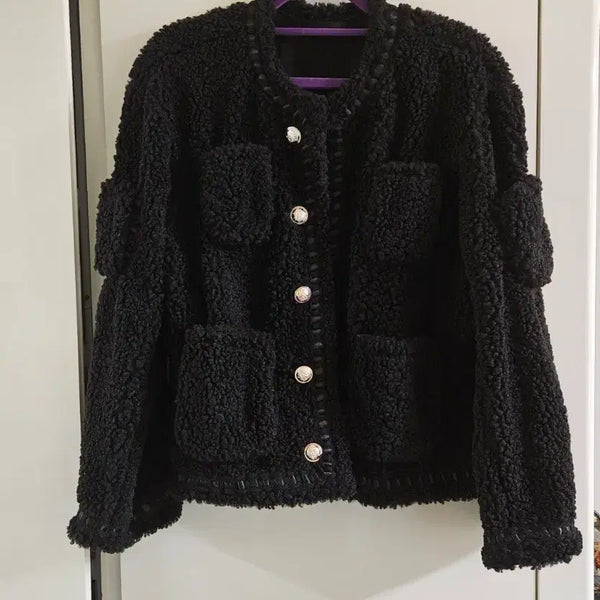 [BUNJANG] Gold Button Bouclé Faux Fur Jacket Black / 금장 뽀글이  퍼 자켓 검정색