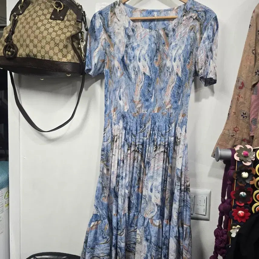 [BUNJANG] Chiffon Pleated Dress Blue Pattern / 쉬폰 플리츠 원피스 블루 패턴