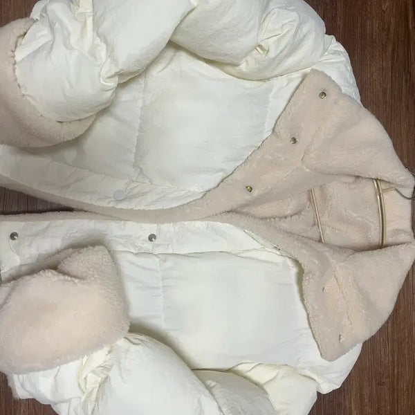 [BUNJANG] NannGoo Wool Color-Block Padded Jumper Ivory / 난닝구 양털 배색 패딩 점퍼 아이보리