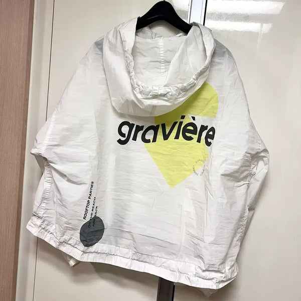 [BUNJANG] TIME by Handsome White Cotton-Nylon Blend Lightweight Hooded Windbreaker Jacket / 한섬 타임 TIME 바스락 백프린팅 후드 점퍼 화이트 흰색 바람막이 자켓 간절기 장마철