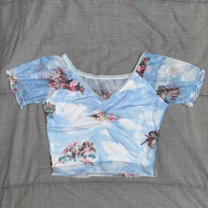 [BUNJANG] Angel Sky Blue See-Through Crop Short Sleeve T-Shirt / 엔젤 스카이블루 하늘색 시스루 크롭 반팔티 천사 [옷]