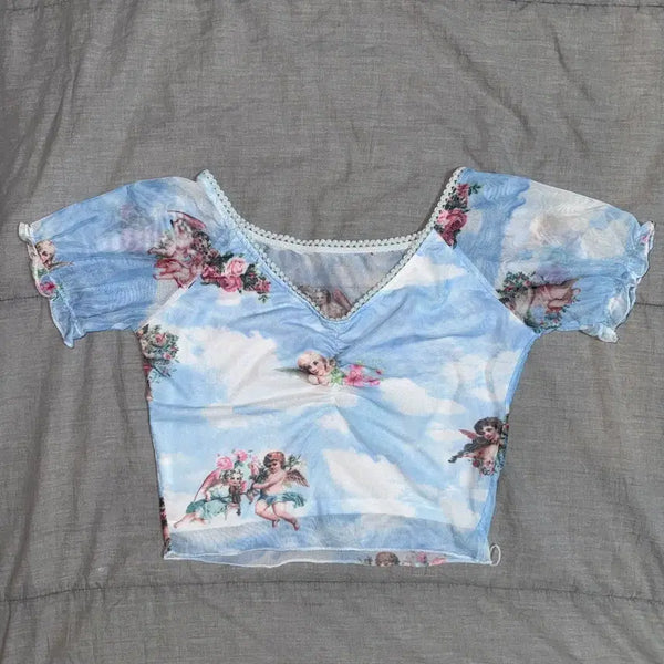 [BUNJANG] Angel Sky Blue See-Through Crop Short Sleeve T-Shirt / 엔젤 스카이블루 하늘색 시스루 크롭 반팔티 천사 [옷]