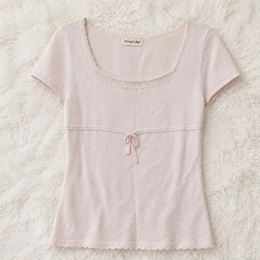 [BUNJANG] Vintage Baby Pink Square Neck Short Sleeve Top with Ribbon / 일본 빈티지 베이비핑크 스퀘어넥 리본 반팔 탑