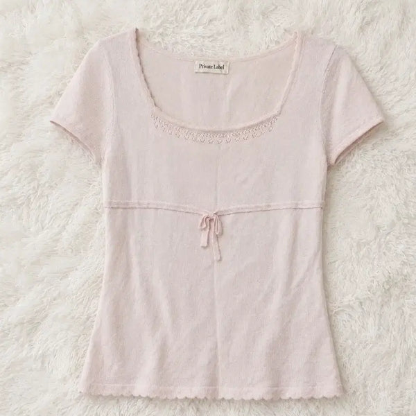 [BUNJANG] Vintage Baby Pink Square Neck Short Sleeve Top with Ribbon / 일본 빈티지 베이비핑크 스퀘어넥 리본 반팔 탑