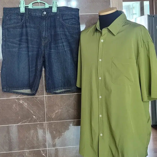 [BUNJANG] Y-LAND Olive Green Poly/Spandex Blend Short Sleeve Shirt Men's 105-110 / (남성105-110사이즈)Y-LAND 올리브색 폴리/스판 혼방 셔츠