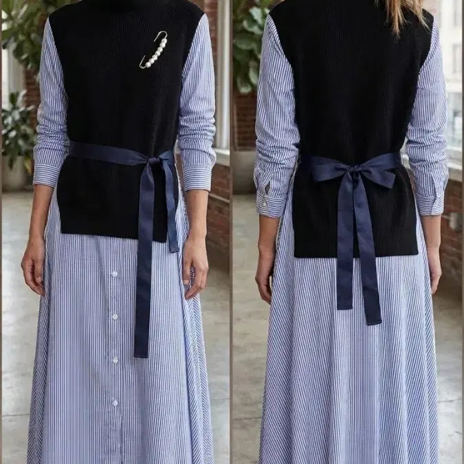 [BUNJANG] Knit Collaboration Stripe Long Dress / *니트 콜라보 스트라이프 롱 원피스     ( 새 상 품 )