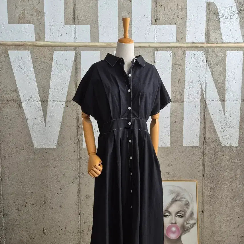[BUNJANG] Stitch Pleats Long Dress - Black / 스티치 플리츠 롱원피스