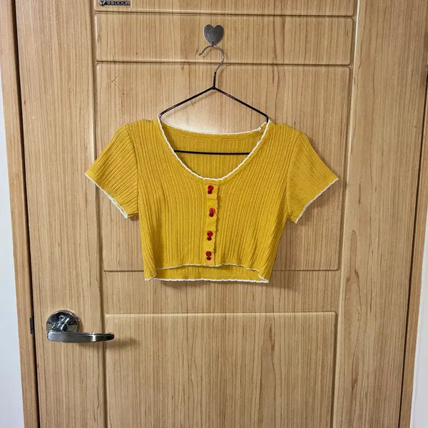 [BUNJANG] Yellow Cropped T-Shirt with Shirring and Red Button Detail / Sale 39
