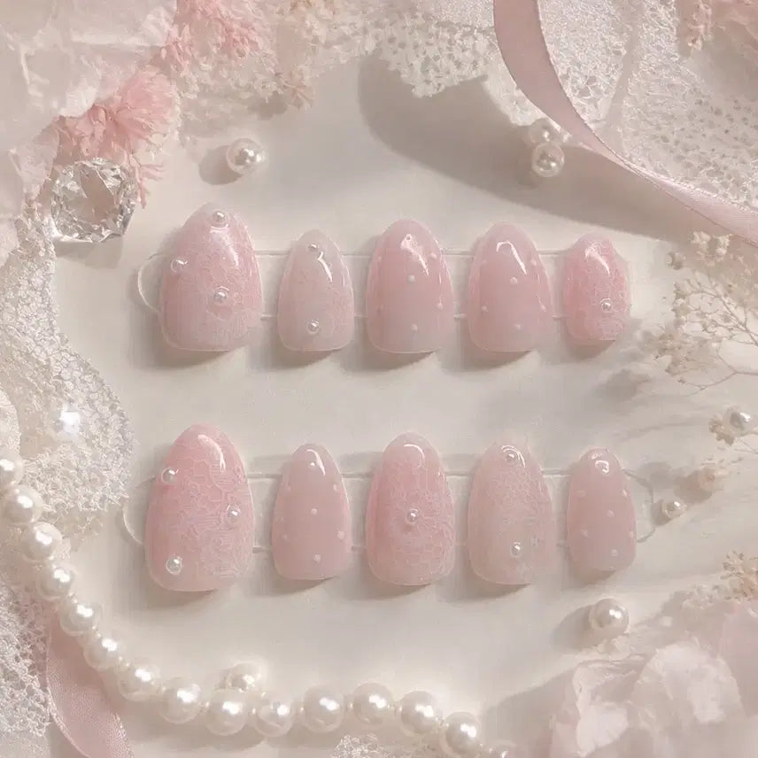 [BUNJANG] Handmade Baby Pink Lace Nail Tips / 여리여리 레이스 베이비핑크 수제네일팁