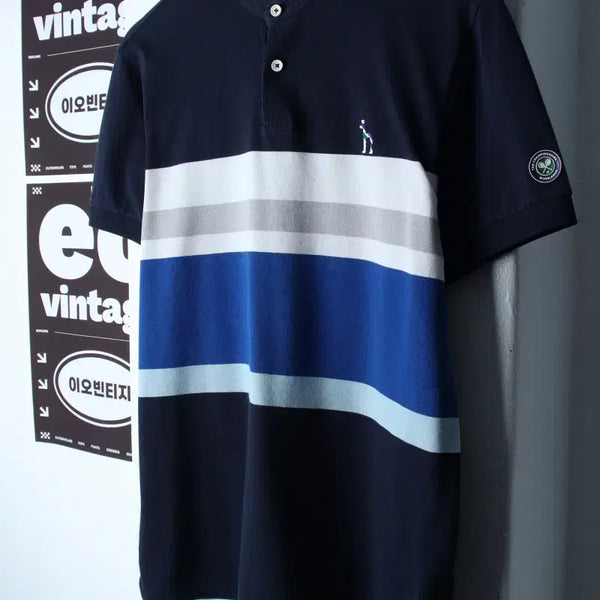 [BUNJANG] Hazzys Striped Color-Block Short-Sleeve Polo T-Shirt Navy / (L) 헤지스 반팔 카라 티셔츠 스트라이프 배색 네이비-H35168
