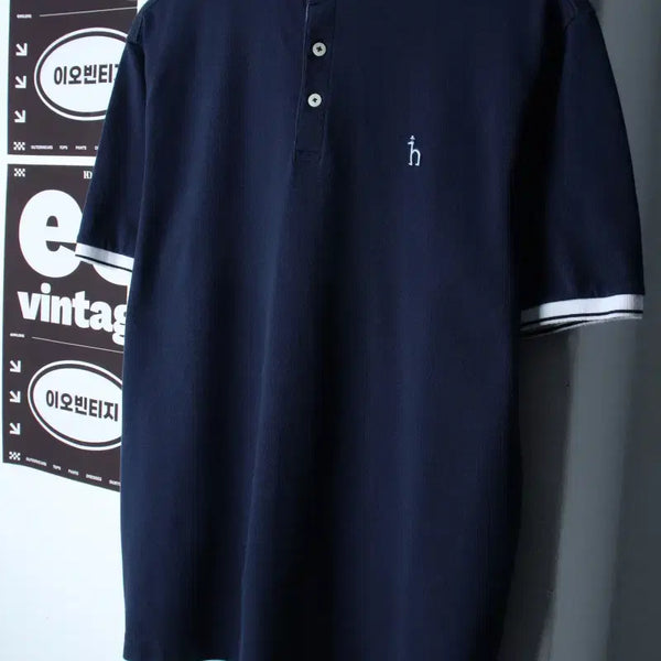 [BUNJANG] Hazzys Navy Short Sleeve Collar T-Shirt China Neck Ringer / (L-XL) 헤지스 반팔 카라 티셔츠 차이나넥 링거 네이비-H35169