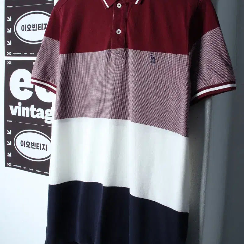 [BUNJANG] Hazzys Striped Color Block Short Sleeve Polo T-Shirt - H35170 / (XL-2XL) 헤지스 반팔 카라 티셔츠 스트라이프 배색-H35170