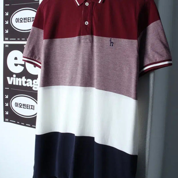 [BUNJANG] Hazzys Striped Color Block Short Sleeve Polo T-Shirt - H35170 / (XL-2XL) 헤지스 반팔 카라 티셔츠 스트라이프 배색-H35170