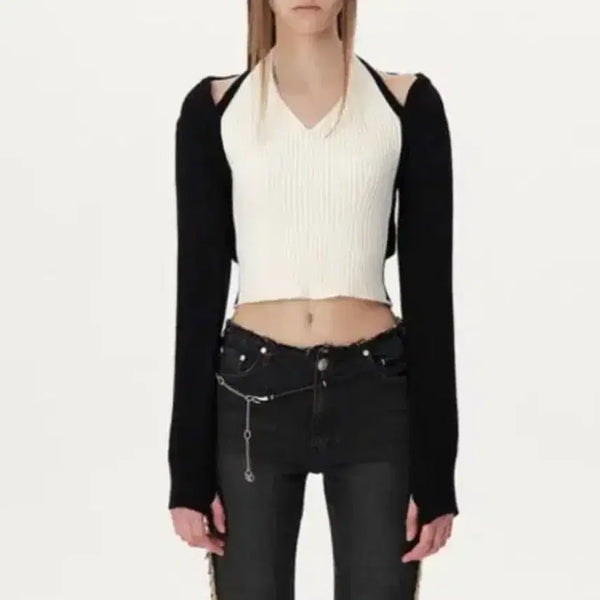 [BUNJANG] YUSE Halterneck Sleeve and Cardigan Set Black / YUSE 홀터넥 슬리브 블랙(가디건 세트)