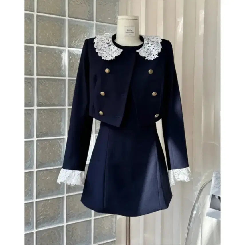 [BUNJANG] Navy Lace Collar Two-Piece Set - XS/S / 네이비색 레이스 카라 투피스 / xs 사이즈, s 사이즈