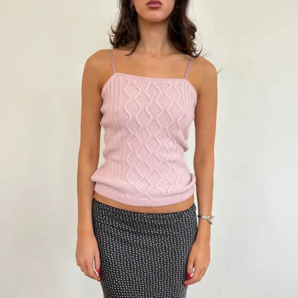 [BUNJANG] Benetton Cable Heart Neck Ribbed Sleeveless Knit Top / 베네통 케이블 하트넥 골지 슬리브리스 니트 나시 탑 빈티지