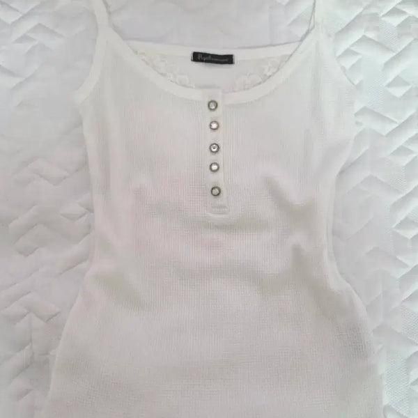[BUNJANG] Y2K Ivory Waffle Lace Camisole Vintage / Y2K 와투케 아이보리 와플 레이스 나시 슬리브리스 빈티지