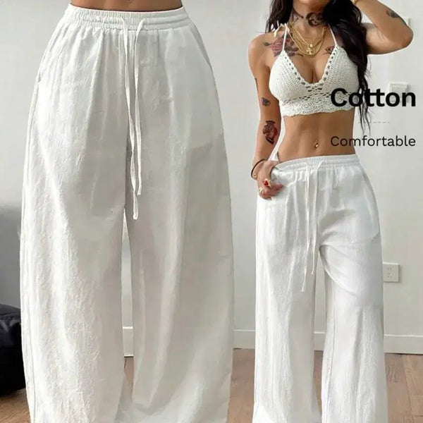[BUNJANG] Linen Wide Pants White / 바캉스룩 비치룩 린넨 화이트 바지
