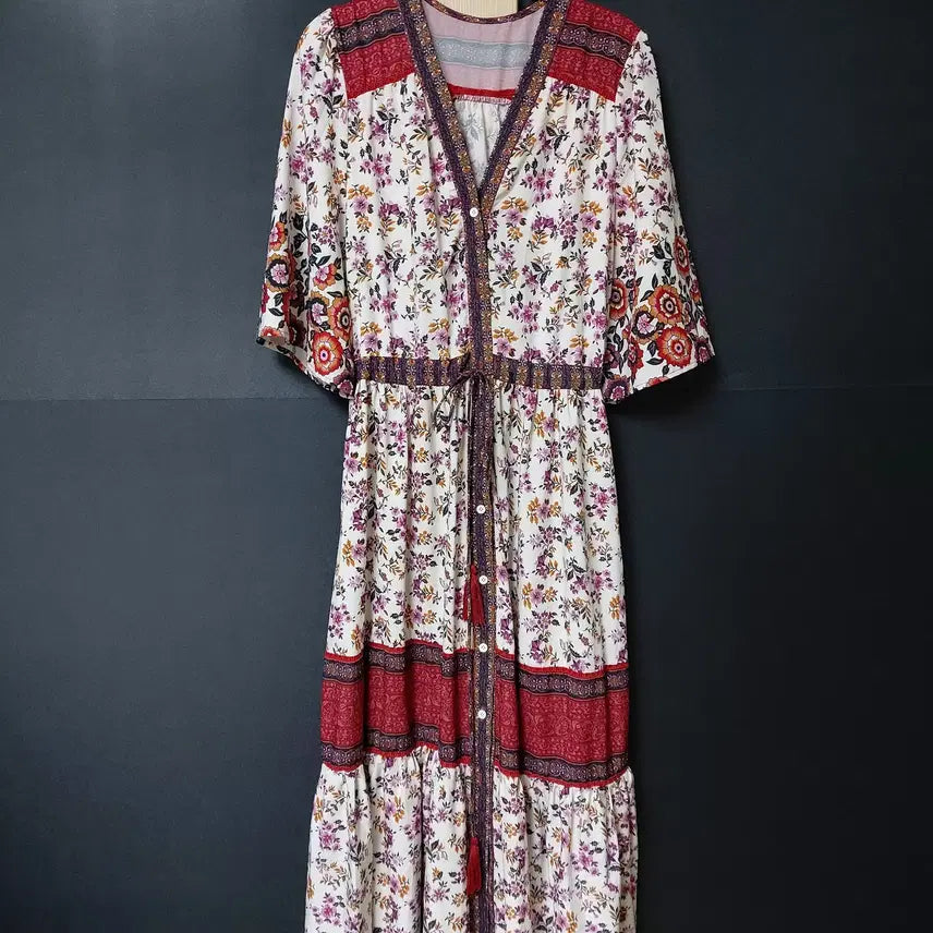 [BUNJANG] Flower Pattern Long Dress with Waist Banding / 진짜만원 화려한꽃무늬 롱원피스 허리밴딩