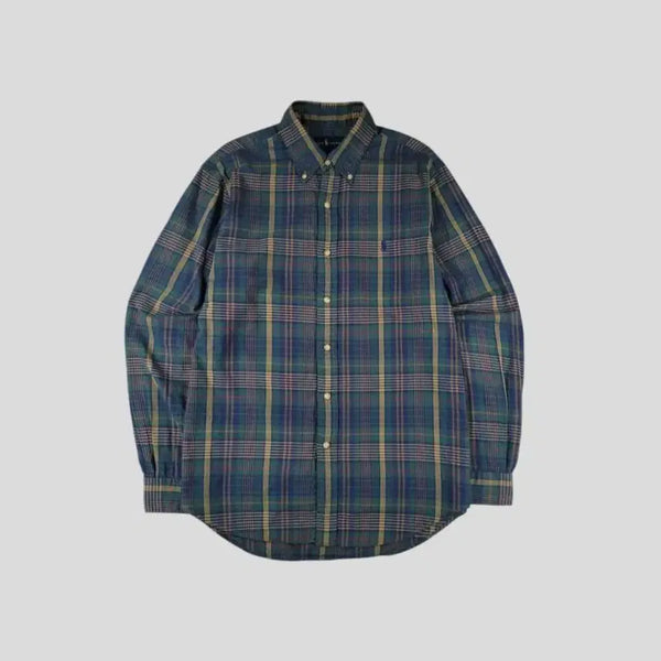 [BUNJANG] Polo Ralph Lauren Pigment Green Multicolor Tartan Check Navy Pony Button-Down Shirt L / 폴로랄프로렌 피그먼트 그린 멀티컬러 타탄체크 네이비포니 버튼다운 프레피 아메카지 코튼 남방 셔츠 L