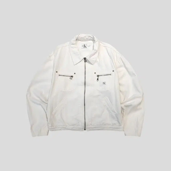[BUNJANG] Calvin Klein 90s Jeans Ivory Cotton Blend Casual Jacket (L) / 캘빈클라인 90s 진스 아이보리 화이트 투포켓 로고패치 세미크롭 코튼 블렌드 캐주얼자켓 L