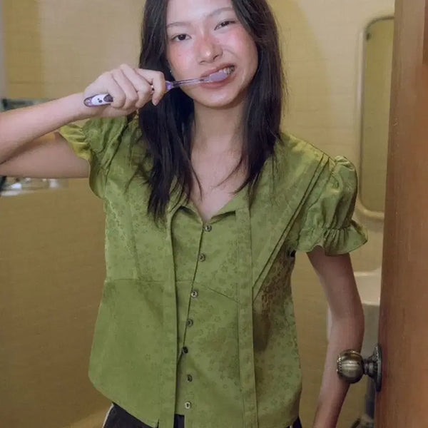 [BUNJANG] Hocus Pocus Pearl Garden Tie Blouse Olive Green / 호쿠스포쿠스 pearl garden tieblousse 올리브그린