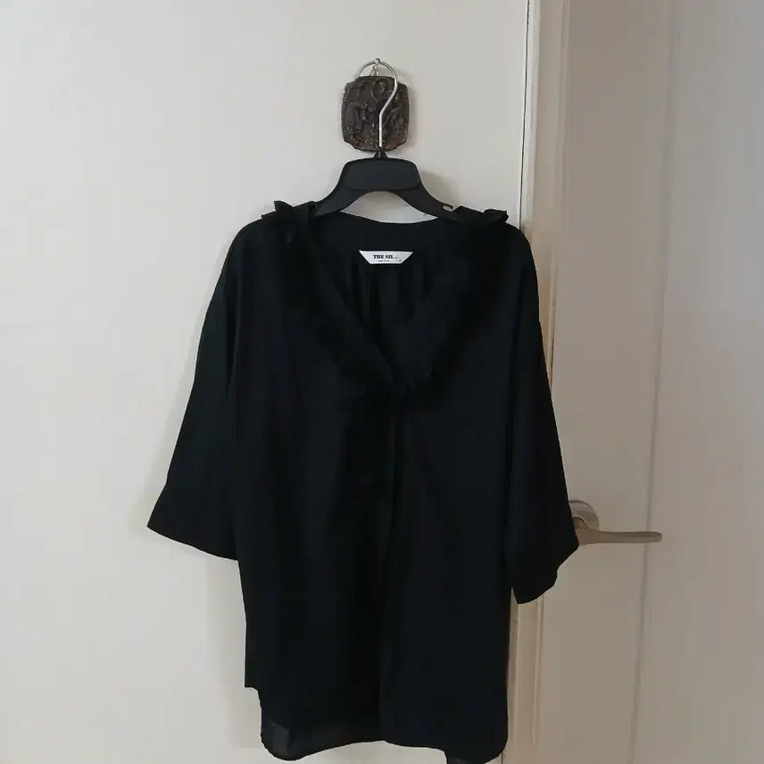 [BUNJANG] Black Lace Cotton Short-Sleeve Blouse / 검정 블랙 레이스 아사면 반팔 블라우스 가슴단면 54정도