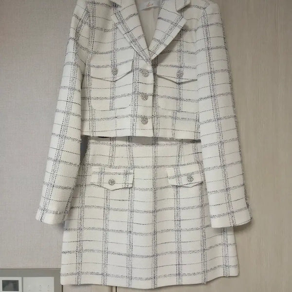 [BUNJANG] Loear White Check Tweed Jacket Skirt Set M / 로아르 화이트 체크 트위드 자켓 스커트 세트 M