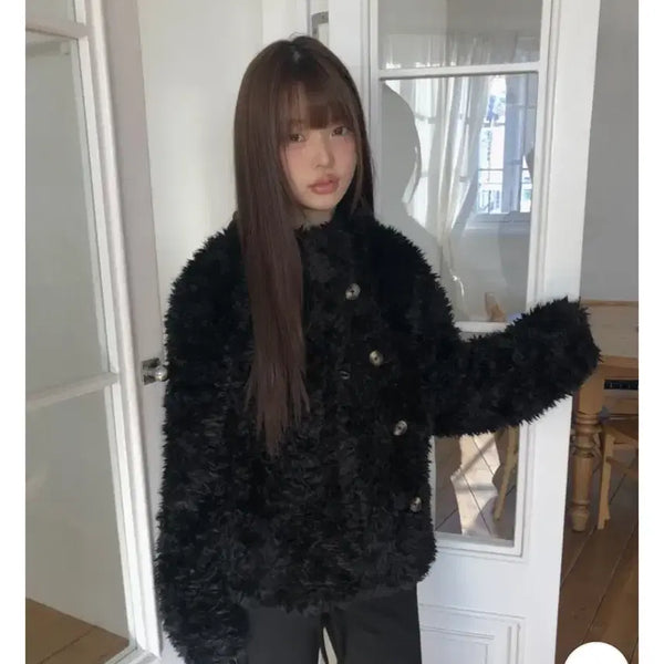 [BUNJANG] High Neck Black Faux Fur Jacket Short Coat / 하이넥 블랙 퍼자켓 숏코트