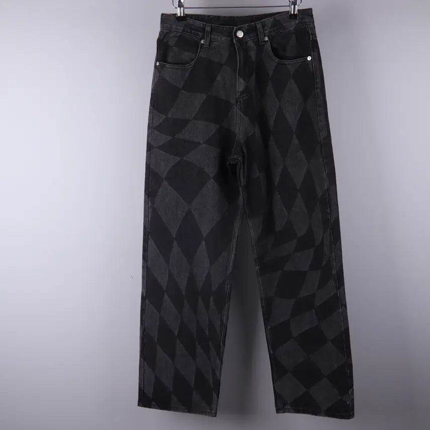 [BUNJANG] NOMANUAL Checkerboard Pattern Denim Pants Black (S) / 노매뉴얼(NOMANUAL) 체커보드 패턴 데님 팬츠 청바지 블랙 (S) 5177