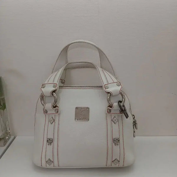 [BUNJANG] MCM White Stitch Leather Women's Tote Bag / MCM 가방 화이트 스티치 여성 토트백