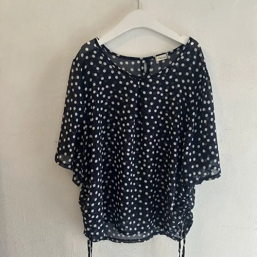 [BUNJANG] Dot Navy Sheer Shirring Blouse / 도트 네이비 시스루 셔링 블라우스