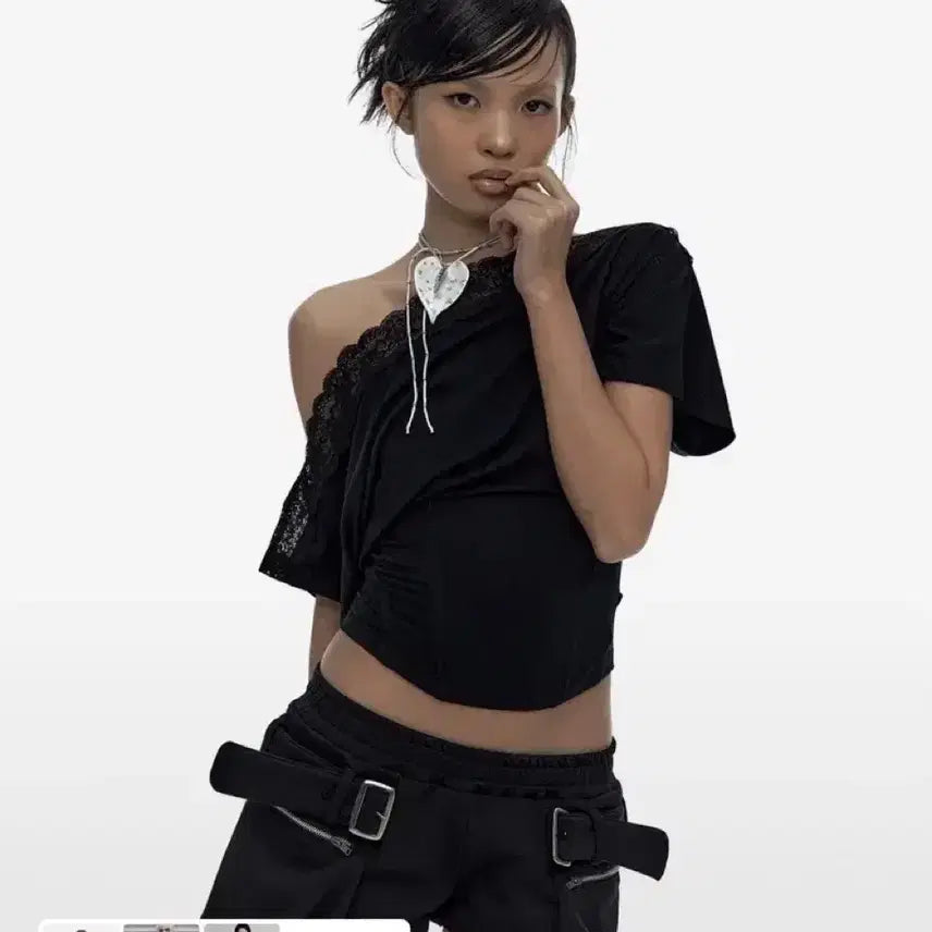 [BUNJANG] Kashiko Lace One Shoulder Corset T-Shirt - Black / 수수료포함) Kashiko 카시코 레이스 원숄더 코르셋 티셔츠 블랙